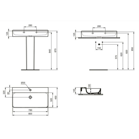 Ideal Standard Conca Ceram - Lavabo 800x450 mm, sans trop-plein, trou pour robinet, blanc T379501
