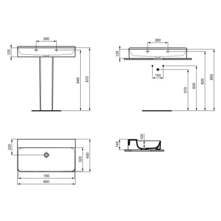 Ideal Standard Conca Ceram - Lavabo 800x450 mm, sans trop-plein, sans trou pour robinet, blanc T379701
