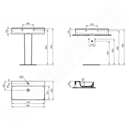 Ideal Standard Conca Ceram - Lavabo à poser 800x450 mm, sans trop-plein, trou pour robinet, blanc T382901