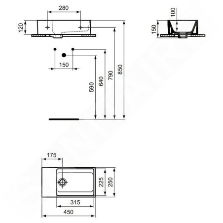 Ideal Standard Extra - Lave-main 450x250 mm, avec trop-plein, sans trou pour robinet, blanc T391901