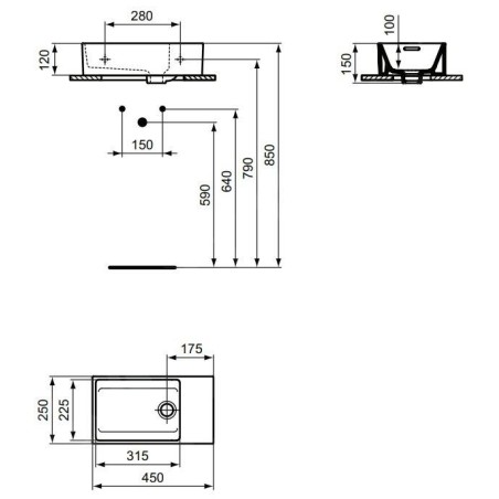 Ideal Standard Extra - Lave-main à poser 450x250 mm, avec trop-plein, sans trou pour robinet, blanc T392401