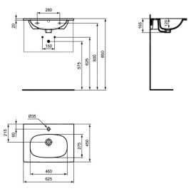 Ideal Standard Tesi - Lavabo 625x450 mm, avec trop-plein, un trou pour mitigeur, blanc mat T3510V1
