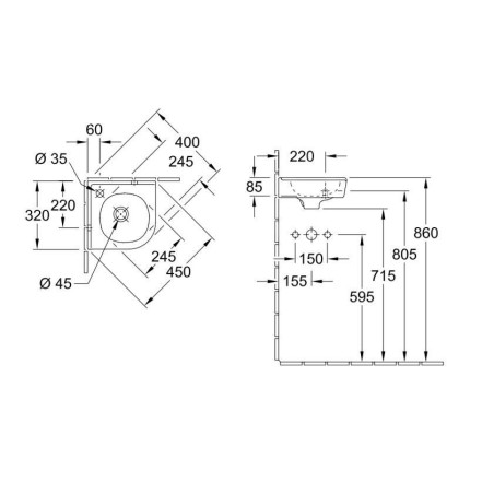 Villeroy & Boch O.novo - Lave-mains d’angle 320x320 mm, sans trop-plein, avec 1 trou de robinetterie, CeramicPlus, blanc alpin