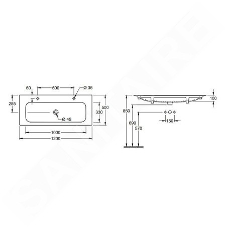 Villeroy & Boch Finion - Lavabo sans trop-plein, 1200x500 mm, avec CeramicPlus, blanc alpin 4164C1R1