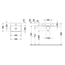 Duravit DuraSquare - Lave-mains sur meuble 450x350 mm, avec un trou pour robinet, DuraCeram, blanc alpin 0732450071