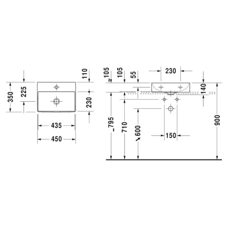 Duravit DuraSquare - Lave-mains sur meuble 450x350 mm, avec un trou pour robinet, DuraCeram, blanc alpin 0732450071