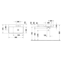 Duravit DuraSquare - Lavabo 800x470 mm, avec un trou pour robinet à droite, DuraCeram, blanc alpin 2349800041
