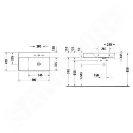 Duravit DuraSquare - Lavabo 800x470 mm, avec un trou pour robinet à droite, DuraCeram, avec WonderGliss, blanc alpin 23498000411
