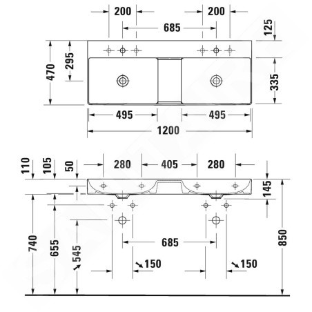 Duravit DuraSquare - Lavabo double 1200x470 mm, DuraCeram, avec WonderGliss, blanc alpin 23531200701