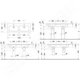 Duravit ME by Starck - Meuble-lavabo double 1300x490 mm, avec trop-plein, sans trou pour robinetterie, blanc 2336130060