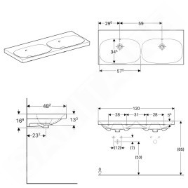 Geberit Acanto - Double lavabo, 1200x482 mm, sans trou, avec trop-plein, blanc 500.628.01.2