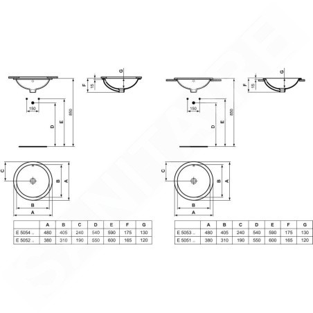 Ideal Standard Connect - Lavabo encastré, diamètre : 480 mm, avec déversoir, blanc E505301