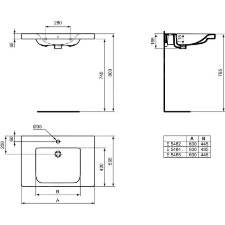 Ideal Standard Connect Freedom - Lavabo 800x560 mm, 1 ouverture pour mitigeur, avec Ideal Plus, blanc E5484MA