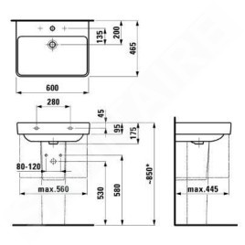 Laufen Pro S - Lavabo, 600x465 mm, 3 trou pour robinetterie, blanc H8109630001081