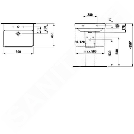 Laufen Pro S - Lavabo, 600x465 mm, 1 trou pour robinetterie, avec LCC, blanc H8109634001041