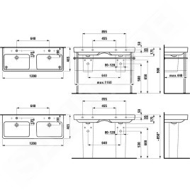 Laufen Pro S - Double-lavabo 1200x465 mm, 6 trous pour robinetterie, avec LCC, blanc H8149664001081