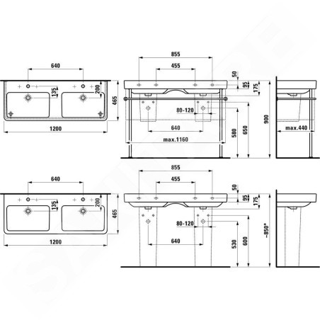 Laufen Pro S - Double-lavabo 1200x465 mm, 6 trous pour robinetterie, avec LCC, blanc H8149664001081