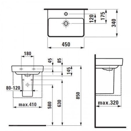 Laufen Pro S - Lave-mains, 450x340 mm, 1 trou robinetterie, sans trop-plein, avec LCC, blanc H8169614001561