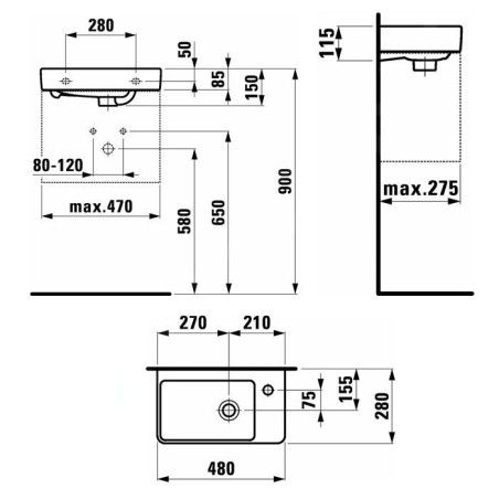 Laufen Pro S - Lave-mains, 480x280 mm, 1 trou pour mitigeur à droite, avec LCC, blanc H8159544001041