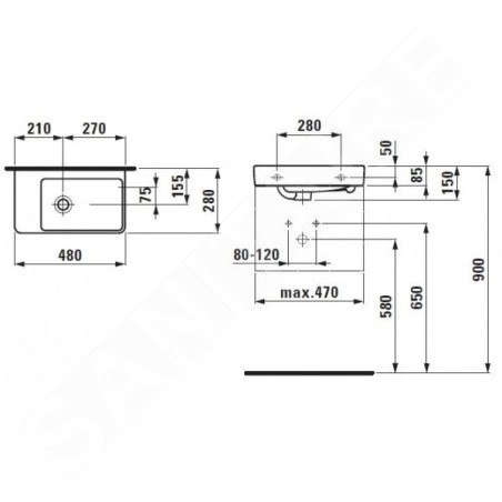 Laufen Pro S - Lave-mains 480x280 mm, sans trou pour robinetterie, blanc H8159550001091