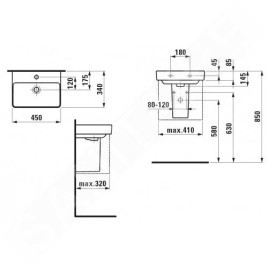 Laufen Pro S - Lave-mains, 450x340 mm, 1 trou pour robinetterie, avec LCC, blanc H8159614001041