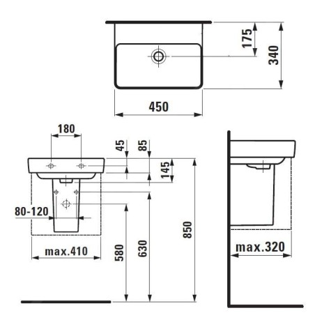 Laufen Pro S - Lave-mains 450x340 mm, sans trou pour robinetterie, blanc H8159610001091
