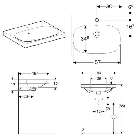 Geberit Acanto - Lavabo 600x482 mm, avec 1 trou, avec trop-plein, blanc 500.620.01.2
