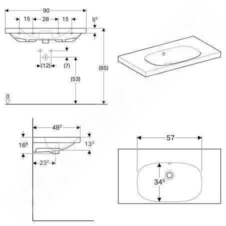 Geberit Acanto - Lavabo 900x482 mm, sans trou, avec trop-plein, blanc 500.624.01.2
