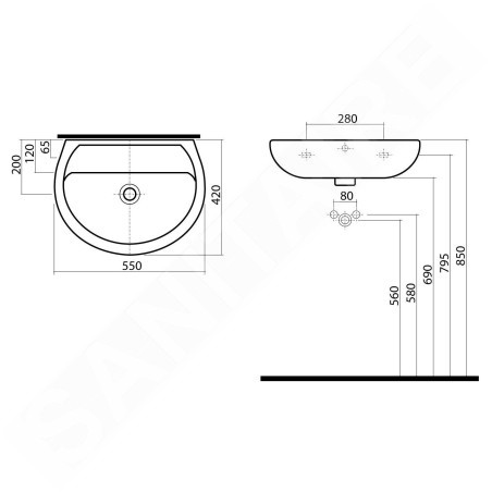 Kolo Rekord - Lavabo 550x420 mm, sans trou pour la robinetterie, blanc K91055000