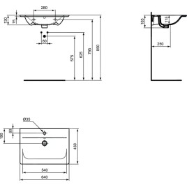 Ideal Standard Connect Air - Lavabo d’ameublement, 640x460x165 mm, avec déversoir, avec trou pour mitigeur, avec Ideal Plus,