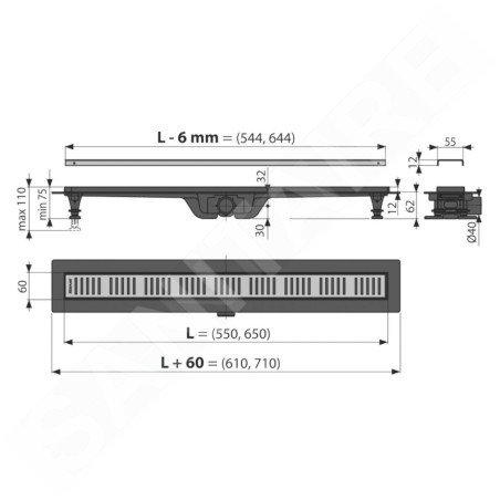 Alcadrain Douchegoten - Bac à douche Simple 850 mm, avec rebord pour grille perforée, incl. grille, laiton APZ10BLACK-850BRASS