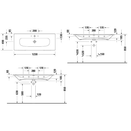 Duravit Viu - Lavabo 1230x490 mm, avec un trou pour robinet, avec WonderGliss, blanc alpin 23441200001