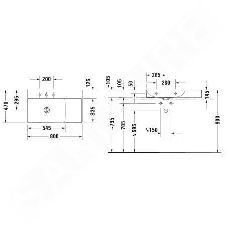 Duravit DuraSquare - Meuble-lavabo 800x470 mm, gauche, DuraCeram, blanc alpin 2348800079