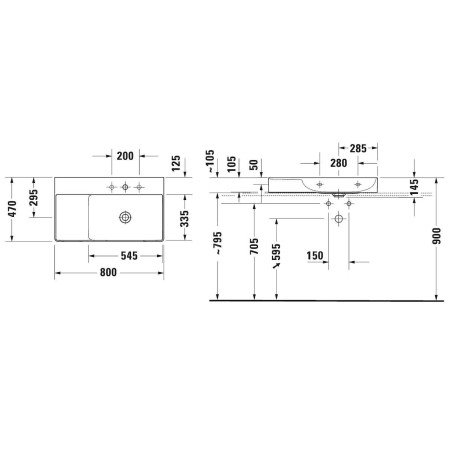 Duravit DuraSquare - Meuble-lavabo 800x470 mm, avec un trou pour robinet à gauche, DuraCeram, avec WonderGliss, blanc alpin