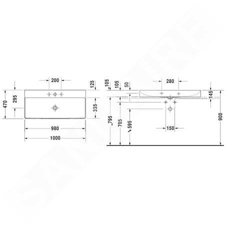 Duravit DuraSquare - Meuble-lavabo 1000x470 mm, avec un trou pour robinet, DuraCeram, avec WonderGliss, blanc alpin 23531000711