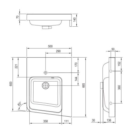 Ravak BeHappy II - Lavabo d'angle 550x665 mm, avec 1 point d'amorçage, droite, blanc XJAP1100001