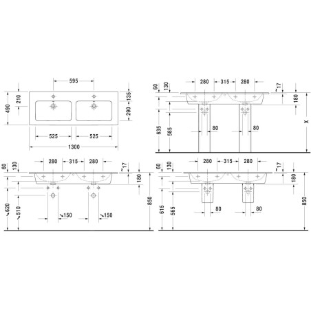 Duravit ME by Starck - Double-lavabo 1300x490 mm, avec trop-plein, sans trou pour robinetterie, WonderGliss, blanc 23361300601