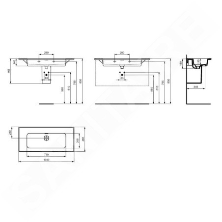 Ideal Standard Strada II - Lavabo d’ameublement, 1.040x460 mm, sans trou pour mitigeur, blanc T363501