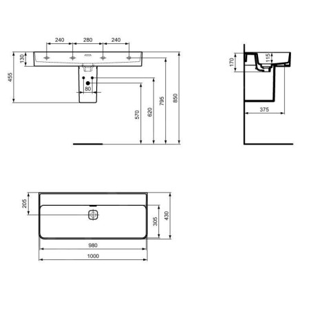 Ideal Standard Strada II - Lavabo 1.000x430 mm, sans ouverture pour mitigeur, avec Ideal Plus, blanc T3640MA