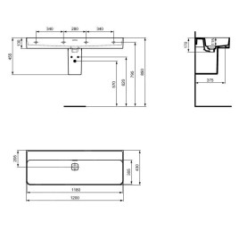 Ideal Standard Strada II - Lavabo 1.200x430 mm, sans ouverture pour mitigeur, blanc T364101
