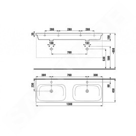 Jika Mio-N - Double-lavabo 1300x450 mm, avec trop-plein, 2 trous pour robinet, Jika Perle, blanc H8147141001041