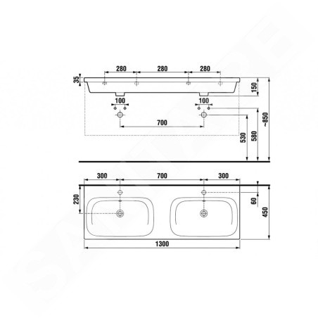 Jika Mio-N - Double-lavabo 1300x450 mm, avec trop-plein, 2 trous pour robinet, Jika Perle, blanc H8147141001041