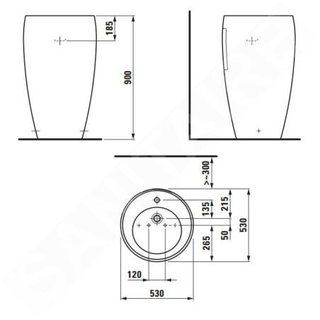 Laufen Il Bagno Alessi One - Lavabo sur pied 530x530x900 mm, sans trou pour robinetterie, avec LCC, blanc H8119724001091
