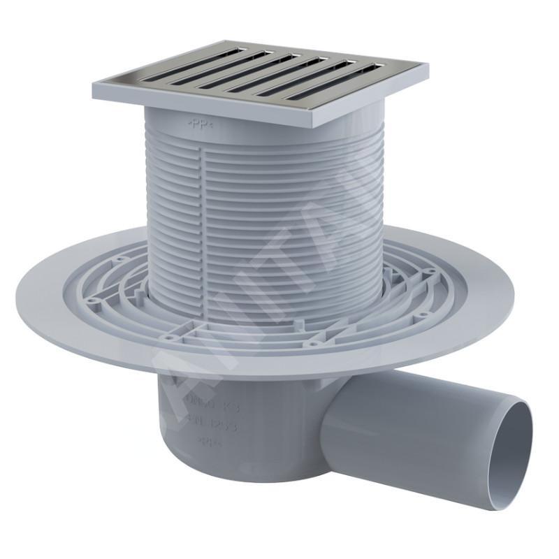 Alcadrain Douchegoten - Siphon de sol, côté 105x105 mm, diamètre 50 mm, arrêt des odeurs d'eau, acier inoxydable/plastique