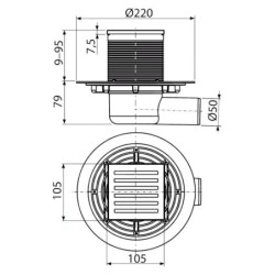 Alcadrain Douchegoten - Siphon de sol, côté 105x105 mm, diamètre 50 mm, arrêt des odeurs d'eau, acier inoxydable/plastique