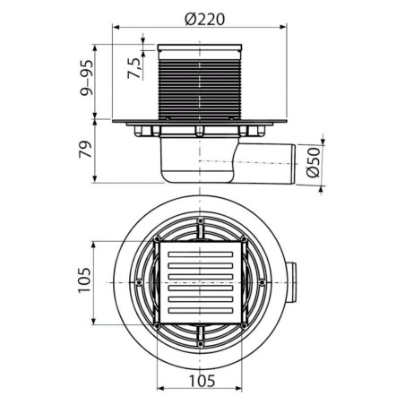 Alcadrain Douchegoten - Siphon de sol, côté 105x105 mm, diamètre 50 mm, arrêt des odeurs d'eau, acier inoxydable/plastique