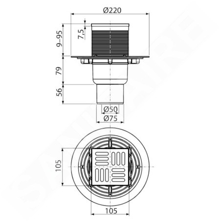 Alcadrain Douchegoten - Siphon de sol 105x105 mm, diamètre 50/75 mm, arrêt des odeurs d'eau, acier inoxydable/plastique APV201