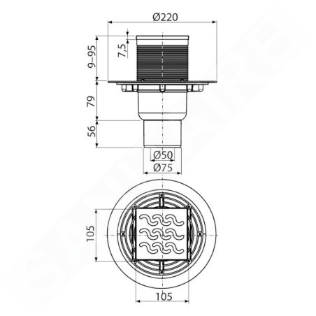 Alcadrain Douchegoten - Siphon de sol 105x105 mm, diamètre 50/75 mm, arrêt des odeurs d'eau, acier inoxydable/plastique APV202