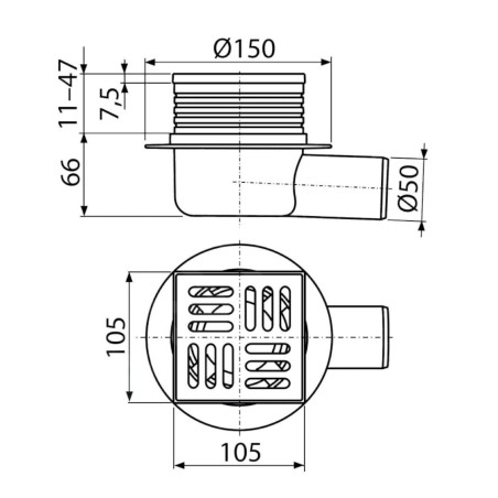 Alcadrain Douchegoten - Siphon de sol, côté 105x105 mm, diamètre 50 mm, arrêt des odeurs d'eau, acier inoxydable/plastique APV26