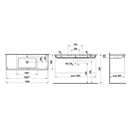 Laufen Living - Lavabo de meuble 1300x480 cm, sans trop-plein, 3 trous pour robinetterie, blanc H8164350001581